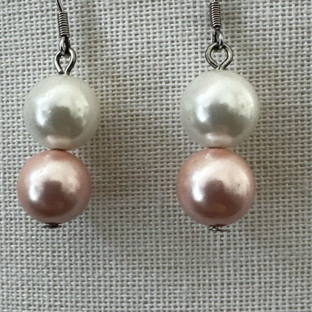 Two-Tone Pink & White Faux Pearl Drop Earrings
